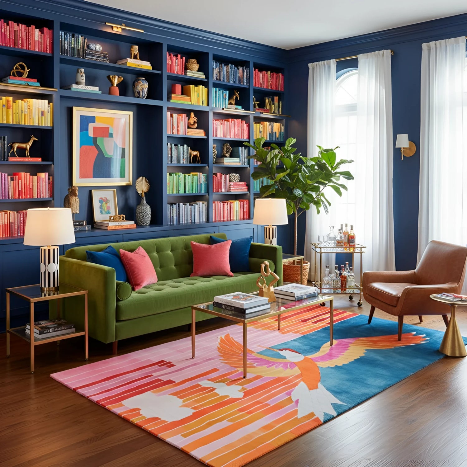 Modern living room with a green sofa, colorful rug, and bookshelves.