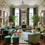 Luxurious living room with green furniture, floral wallpaper, a contemporary hand-tufted wool rug, and decorative elements.