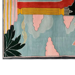 A vibrant area rug featuring an abstract design with colorful elements including a column, clouds, and foliage motifs. This hand-tufted wool rug adds a bold statement to any living room decor.