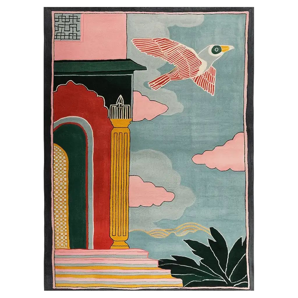 Top view of the Phoenix Sky Citadel Hand Tufted Wool Rug, featuring a vibrant abstract design with a bird in flight, architectural elements, and lush greenery. This area rug is ideal for adding a splash of color to your living room.