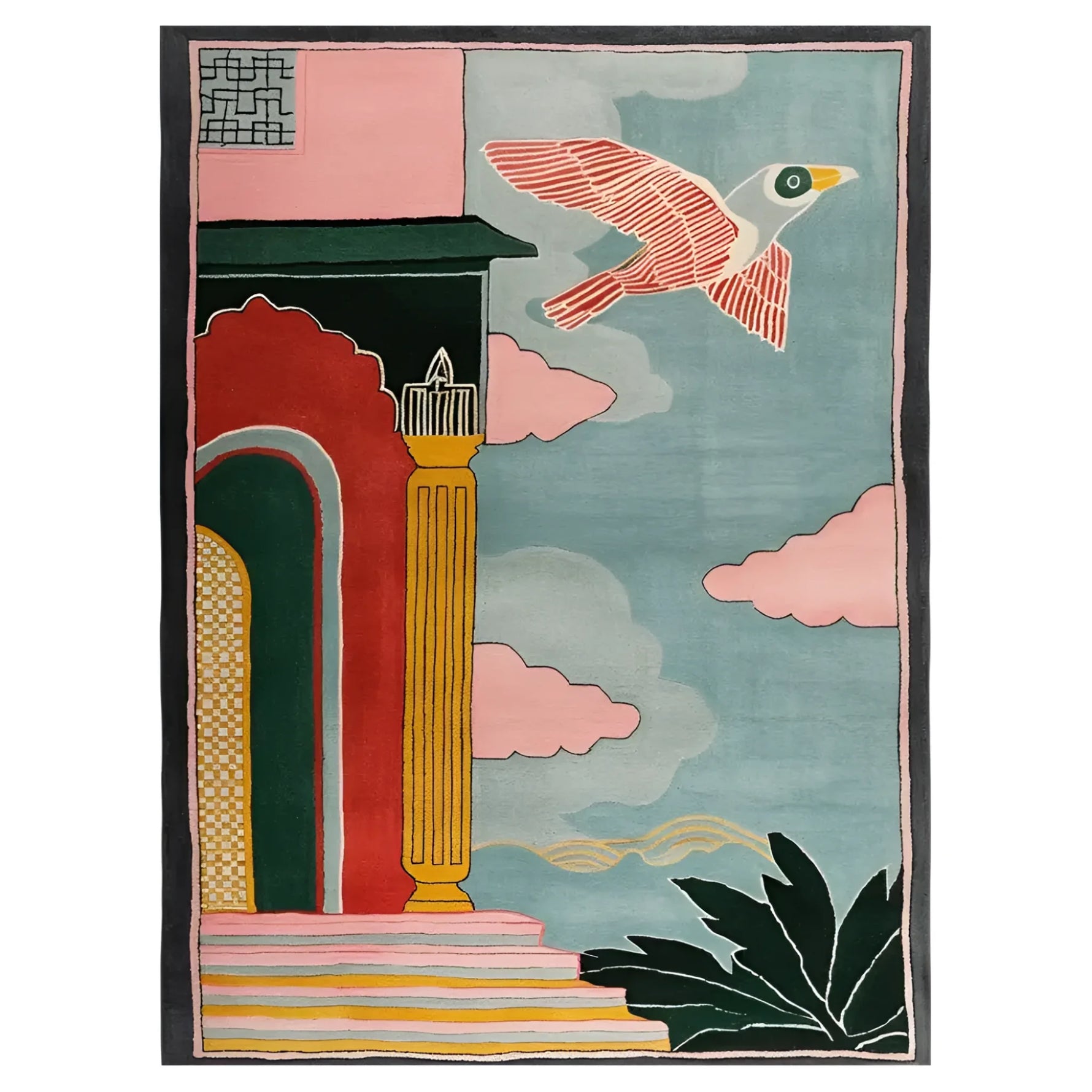 Top view of the Phoenix Sky Citadel Hand Tufted Wool Rug, featuring a vibrant abstract design with a bird in flight, architectural elements, and lush greenery. This area rug is ideal for adding a splash of color to your living room.