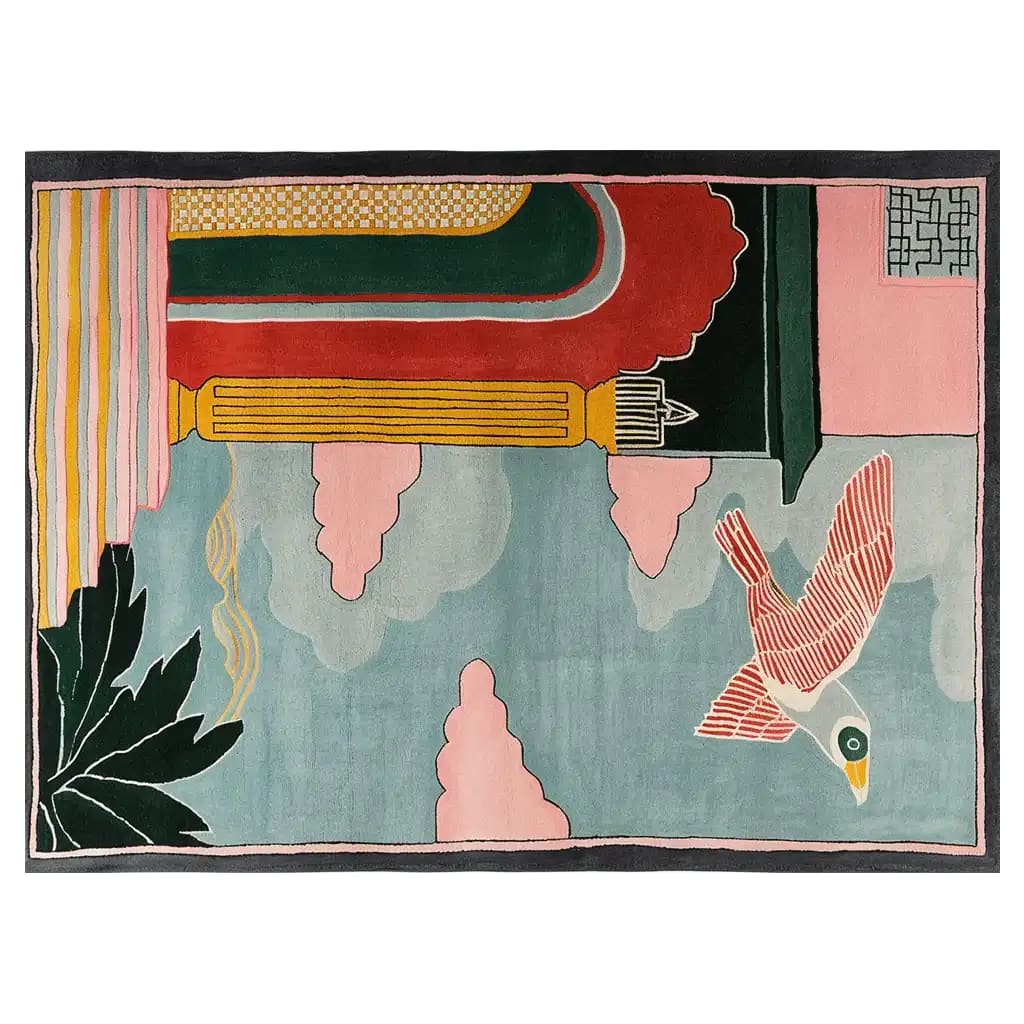 The Phoenix Sky Citadel Hand Tufted Wool Rug showcases an artistic design featuring vibrant abstract patterns with a bird motif, ideal as an area rug for a stylish living room.