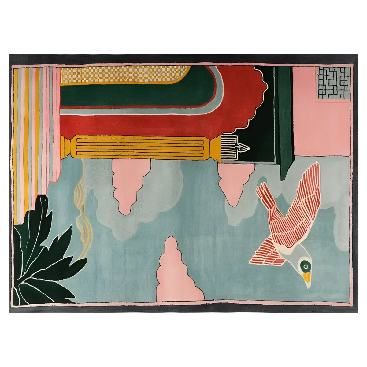 The Phoenix Sky Citadel Hand Tufted Wool Rug showcases an artistic design featuring vibrant abstract patterns with a bird motif, ideal as an area rug for a stylish living room.