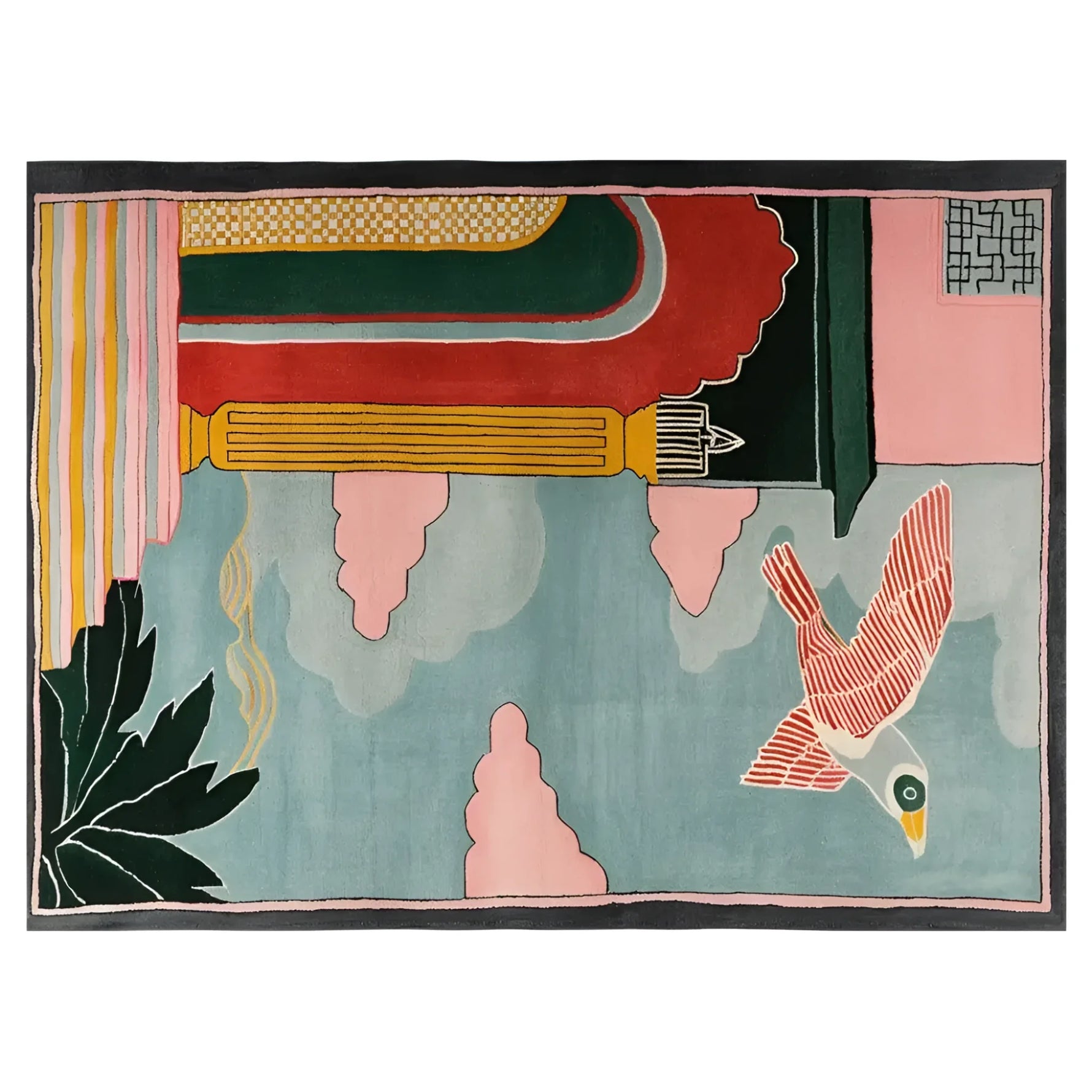 The Phoenix Sky Citadel Hand Tufted Wool Rug showcases an artistic design featuring vibrant abstract patterns with a bird motif, ideal as an area rug for a stylish living room.