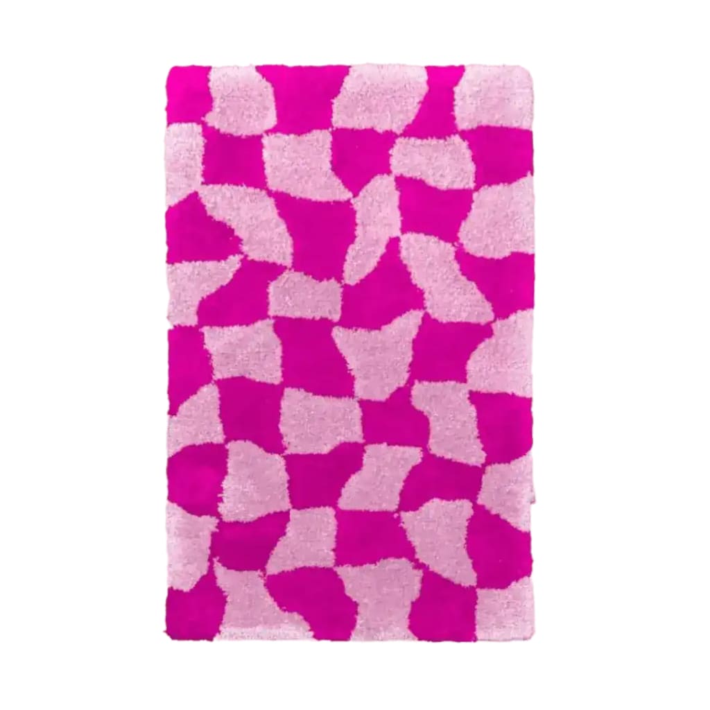 A vibrant pink abstract checker pattern on a hand-tufted wool area rug, ideal for large living rooms or dining rooms. This contemporary rug, sized 8x10, adds a bold touch to any living room setting.