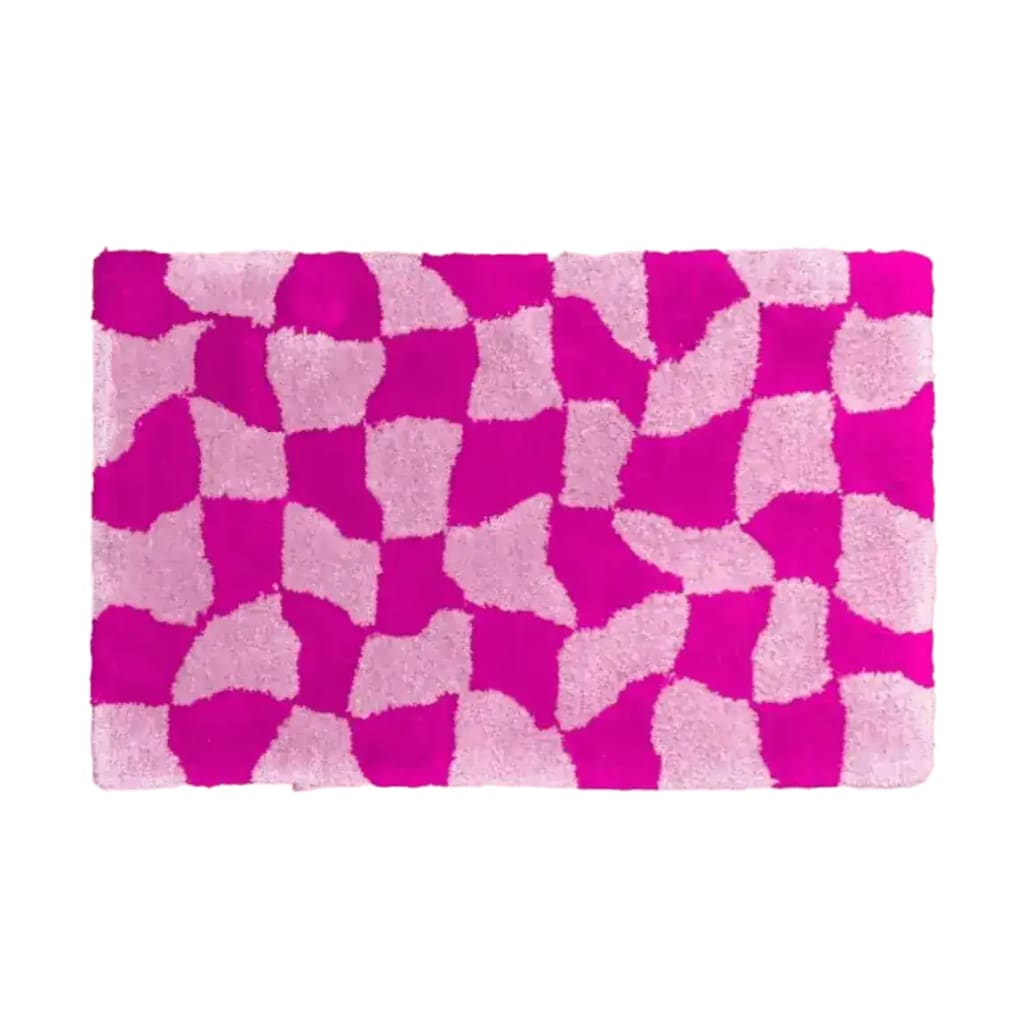 A vibrant pink abstract checker hand-tufted wool area rug, perfect for adding a contemporary touch to large living rooms or dining rooms. This 8x10 living room rug showcases a unique pattern, ideal for modern home decor.