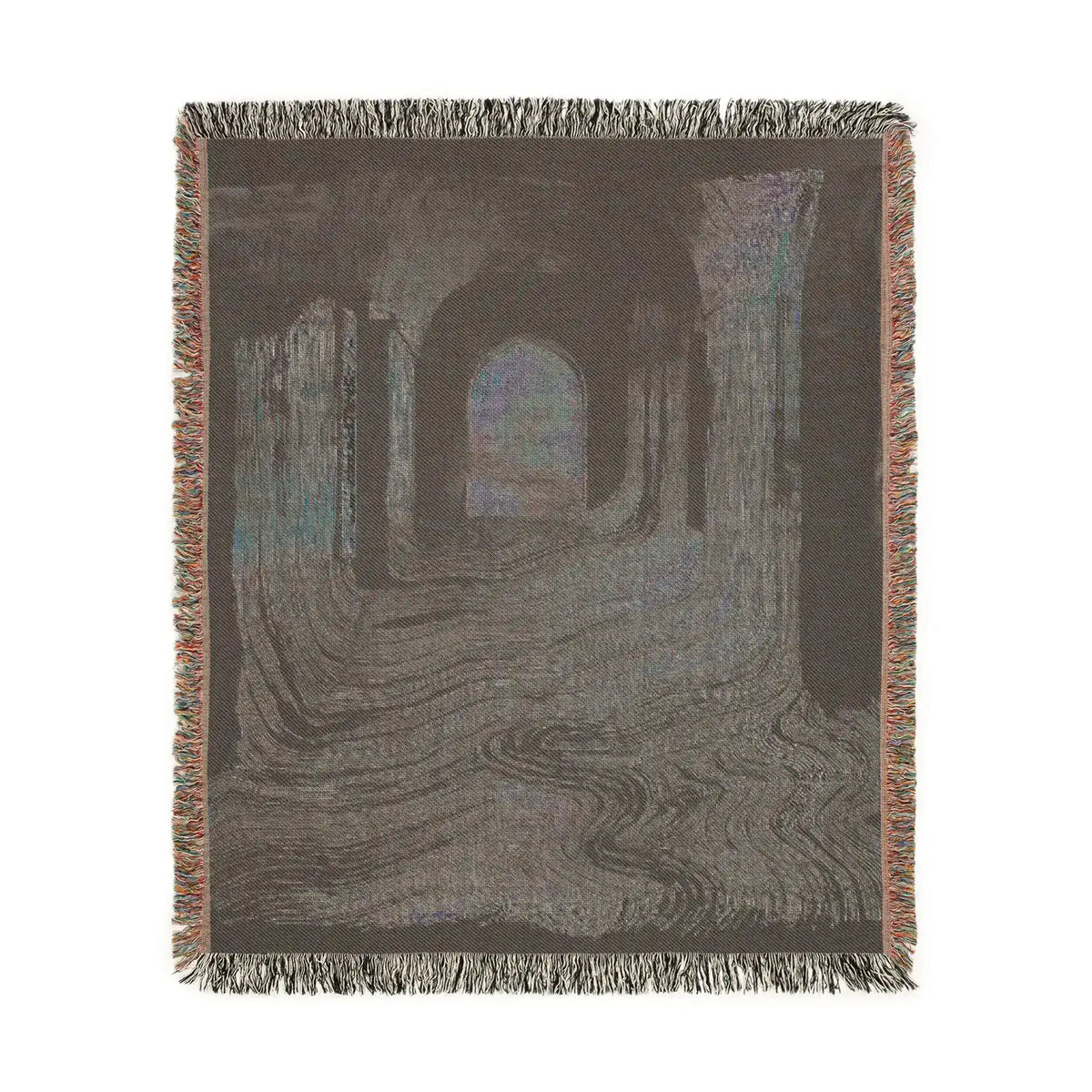 Pink and Black Geometric Woven Blanket dark arched corridor atmospheric interior woven throw square fringe edges