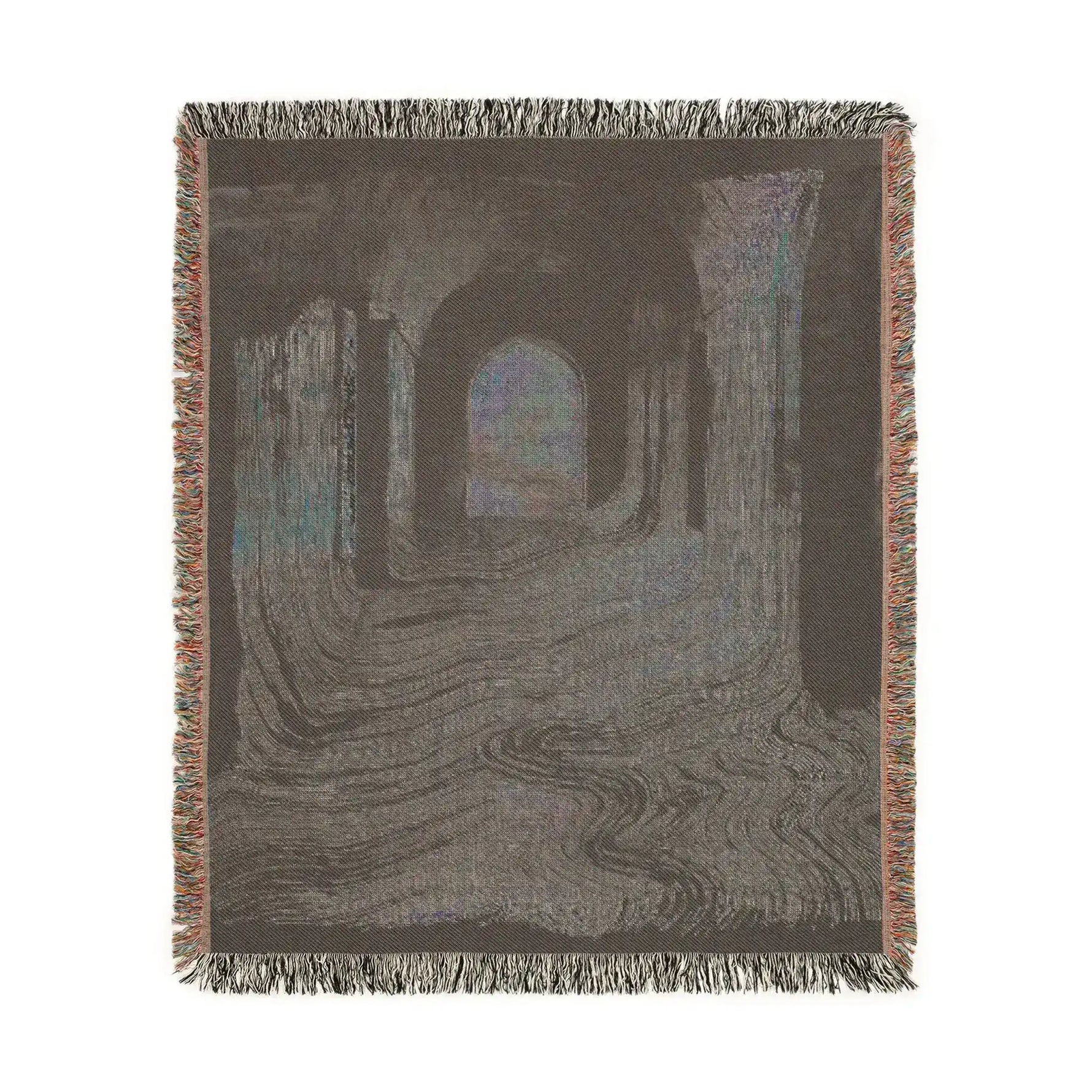 Pink and Black Geometric Woven Blanket dark arched corridor atmospheric interior woven throw square fringe edges