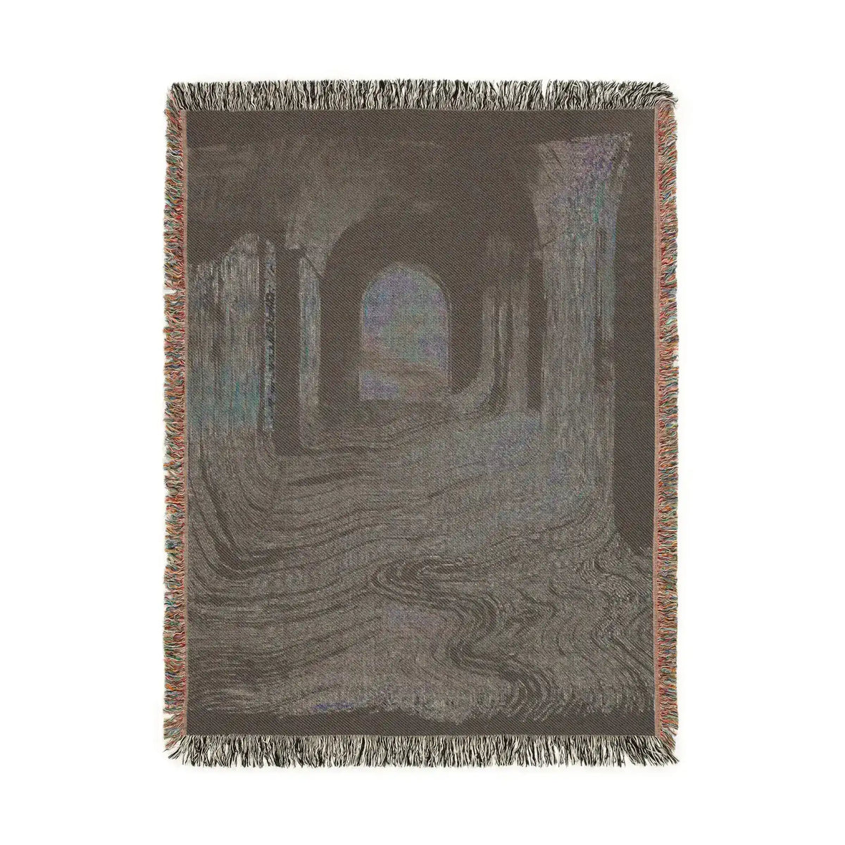 Pink and Black Geometric Woven Blanket dark moody arched corridor woven cotton throw portrait format fringe border