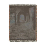 Pink and Black Geometric Woven Blanket dark moody arched corridor woven cotton throw portrait format fringe border