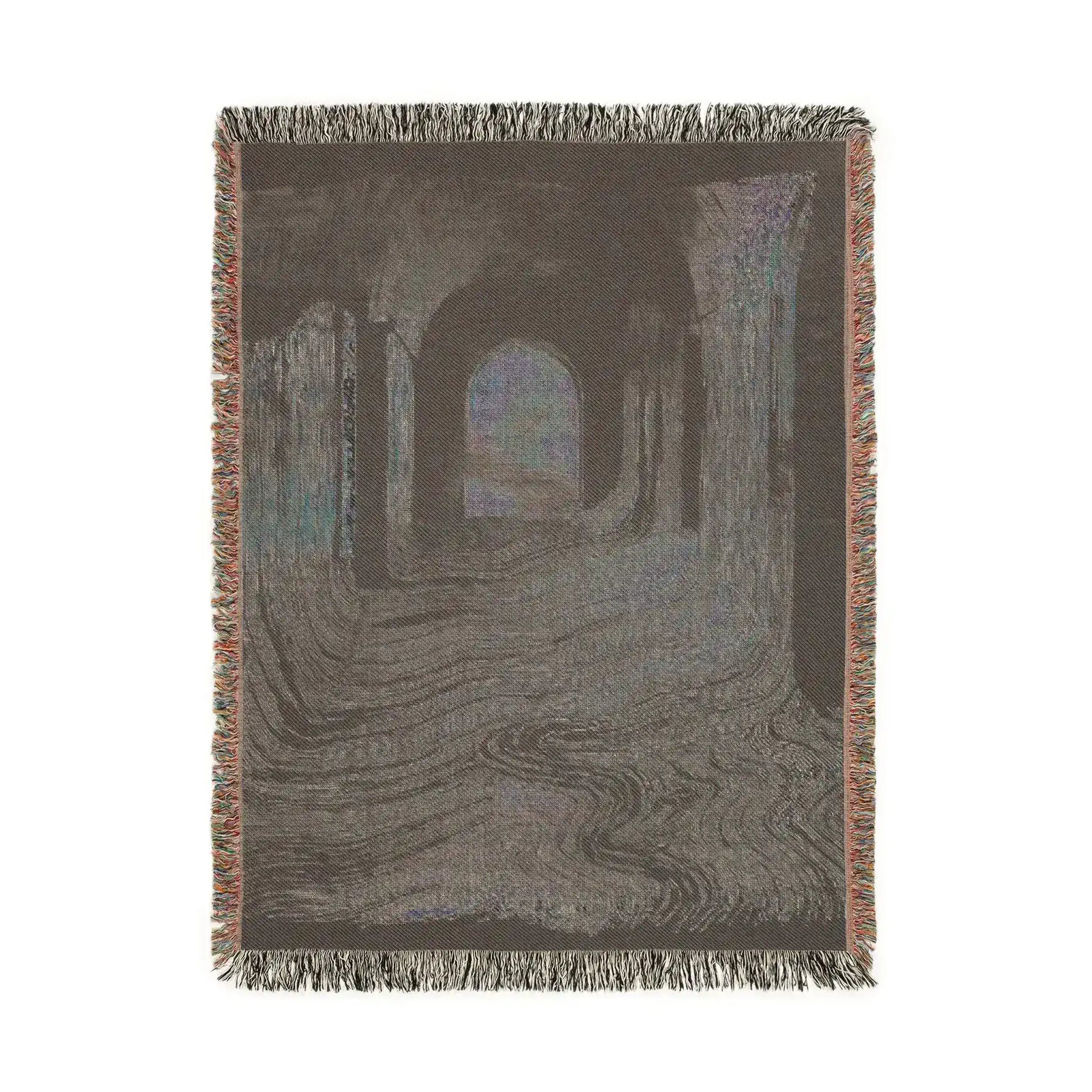 Pink and Black Geometric Woven Blanket dark moody arched corridor woven cotton throw portrait format fringe border
