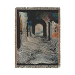 Pink and Black Geometric Woven Blanket ornate pink navy interior scene with arched doorway and chandelier flat view