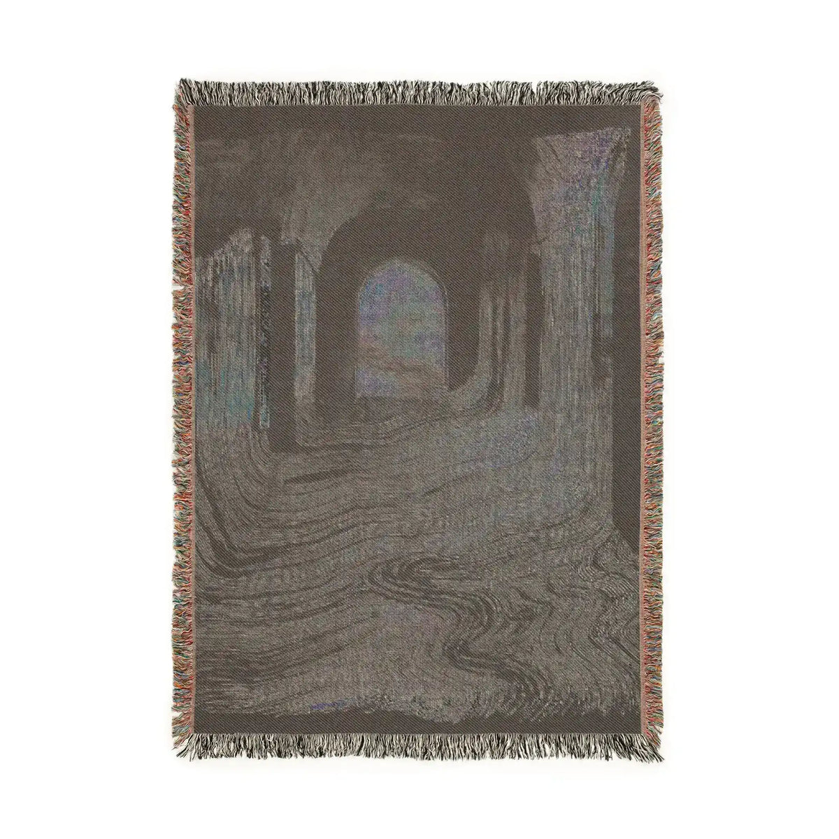 Pink and Black Geometric Woven Blanket pink navy room illustration chandelier arched doorway wall art overhead angle