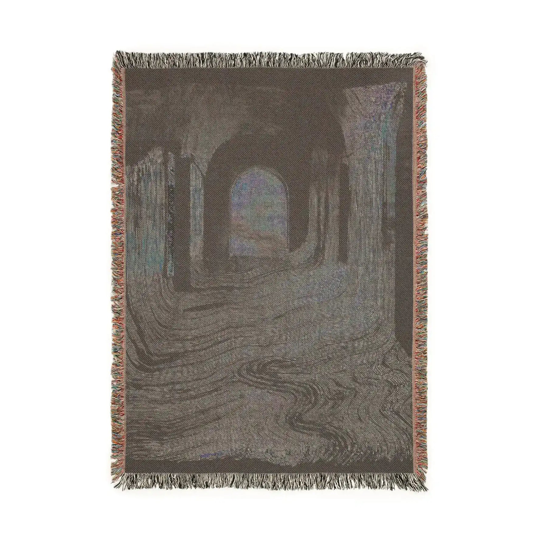 Pink and Black Geometric Woven Blanket pink navy room illustration chandelier arched doorway wall art overhead angle