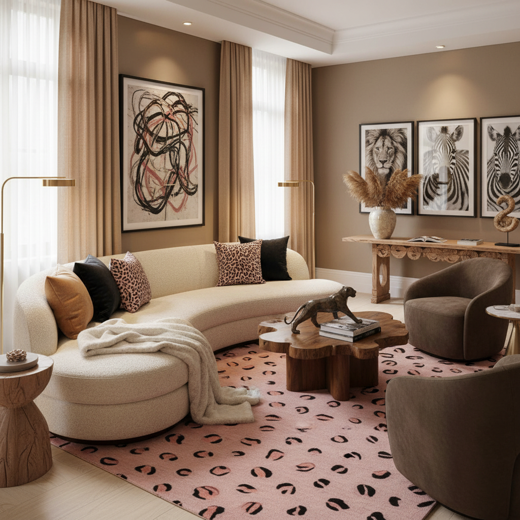 Modern living room with a beige sofa, decorative pillows, and wall art.