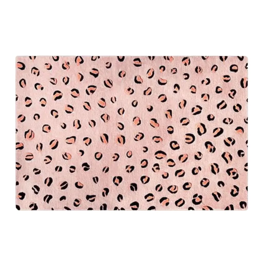 Stylish pink and black leopard print hand tufted wool area rug, perfect for adding a touch of flair to your living room or as a chic kitchen runner. This large area rug features a bold animal pattern, ideal for vintage and modern decor alike.