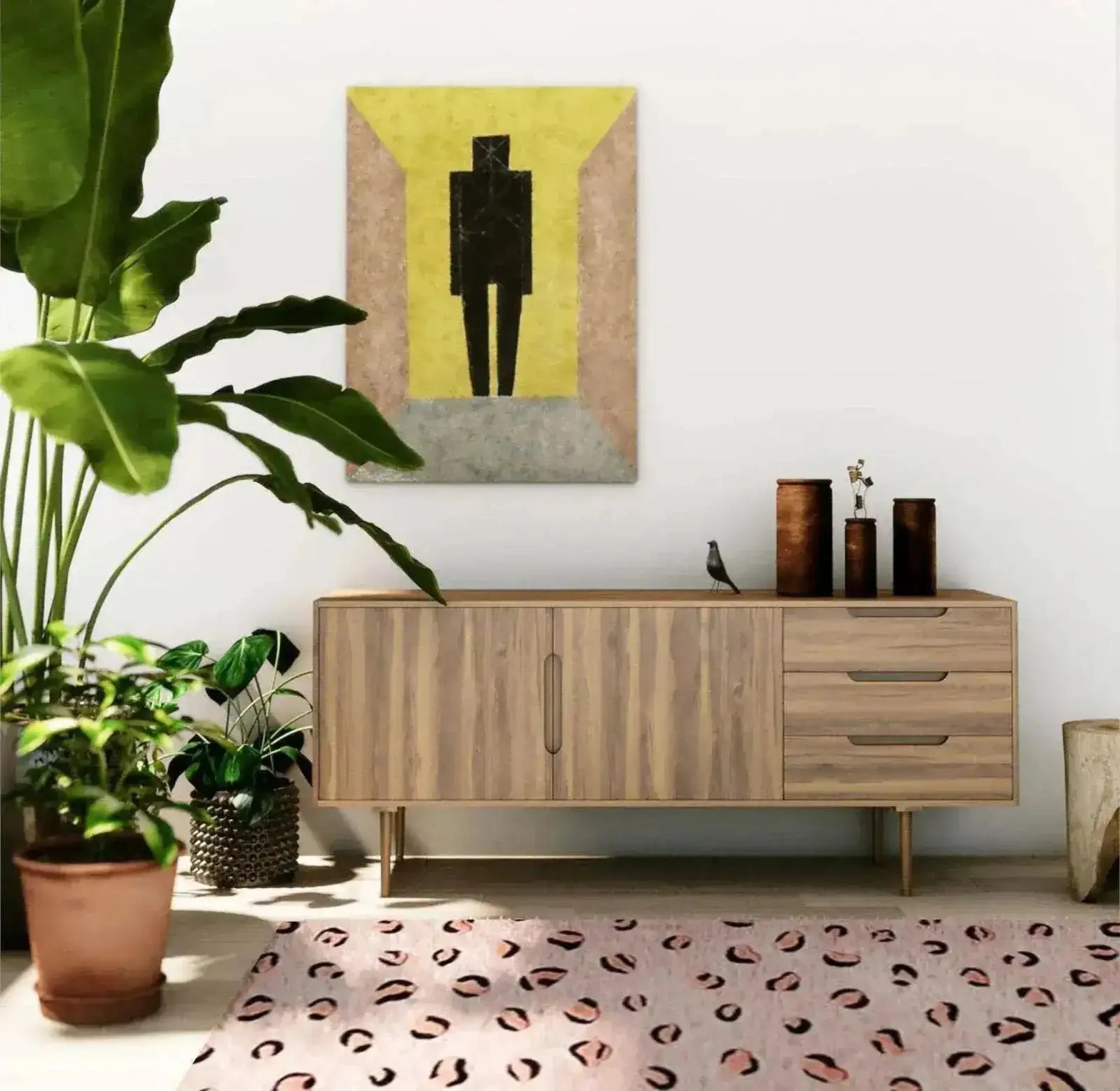 Stylish living room featuring a pink and black leopard print area rug made of hand-tufted wool. The rug adds a chic touch to the space with its abstract design, ideal for large living rooms or as a hallway runner rug. Complemented by a wooden sideboard and modern decor, this setting highlights the versatility of wool rugs in contemporary home design.