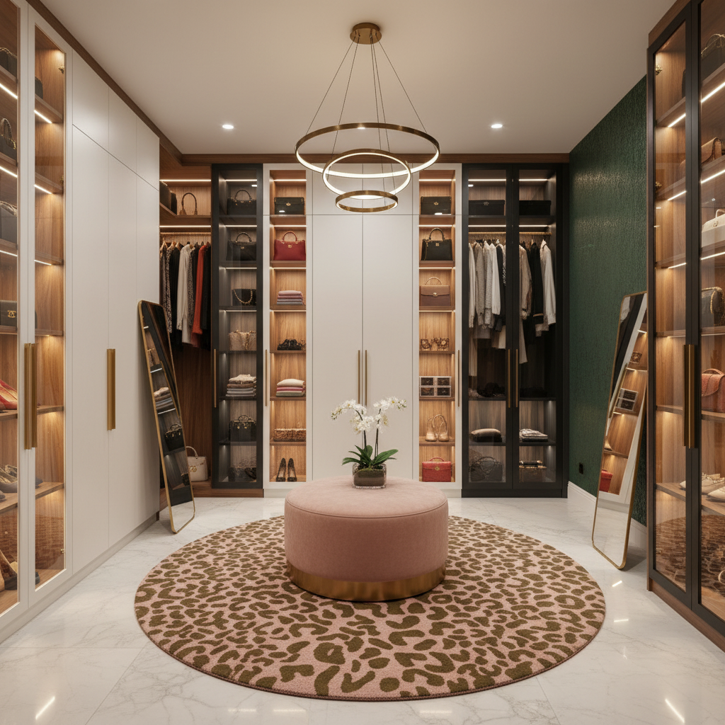 Modern walk-in closet with shelves, clothing, and a pink ottoman on a leopard print rug.
