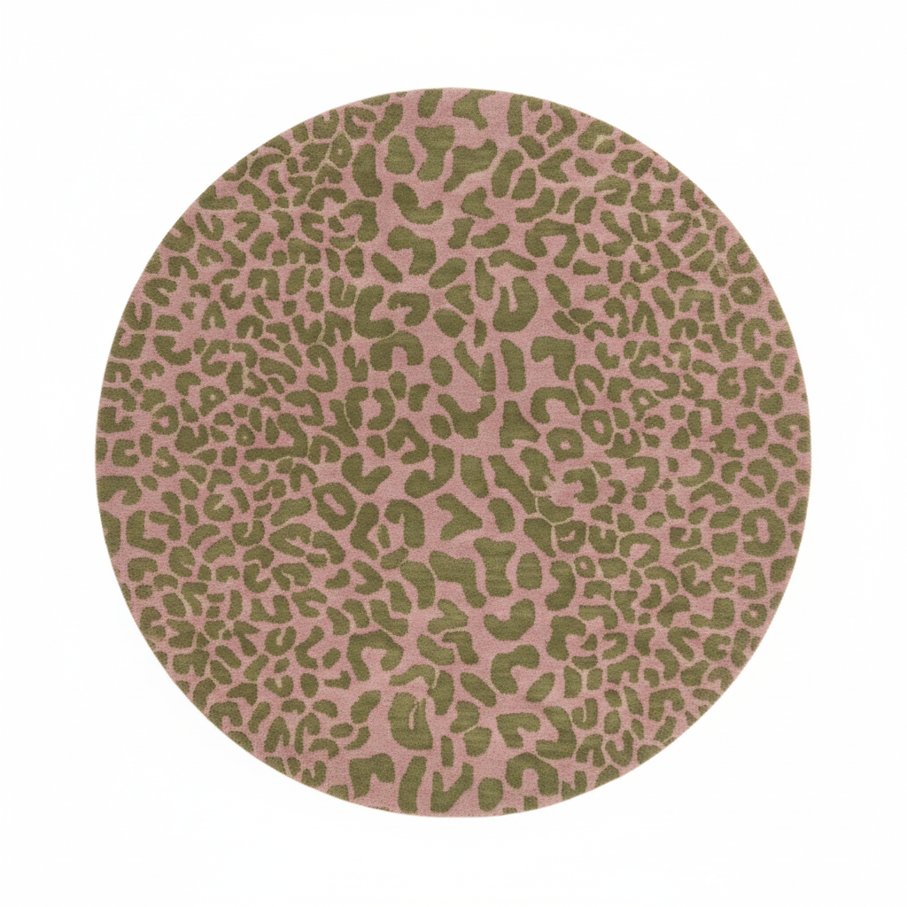 Round pink rug with green leopard print pattern on a white background