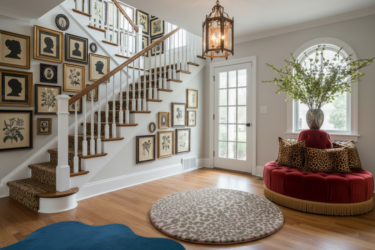 Staircase with framed pictures, a round rug, and a red sofa in a well-lit room.
