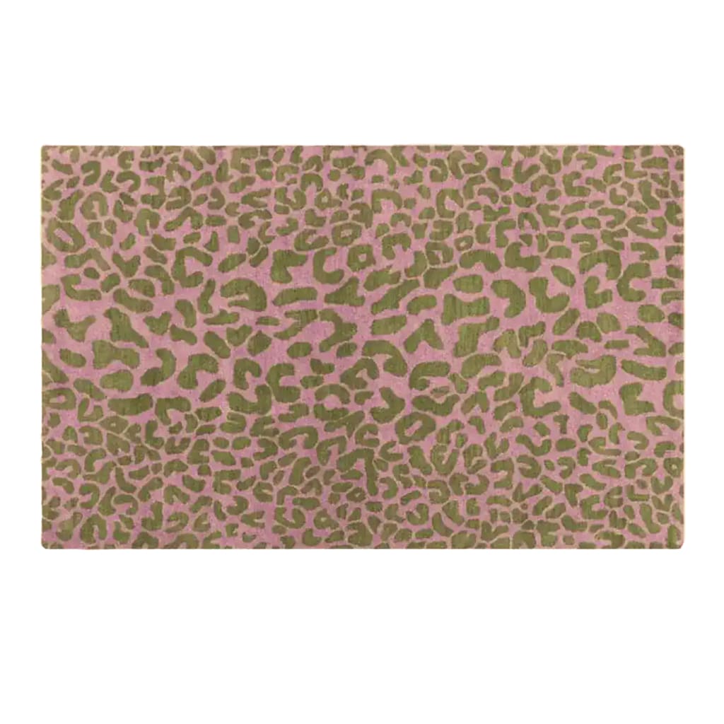 Stylish pink and gold leopard print area rug, perfect for adding a contemporary touch to a dining room or large living room. This hand tufted wool rug combines bold patterns with soft textures, ideal for modern living spaces.