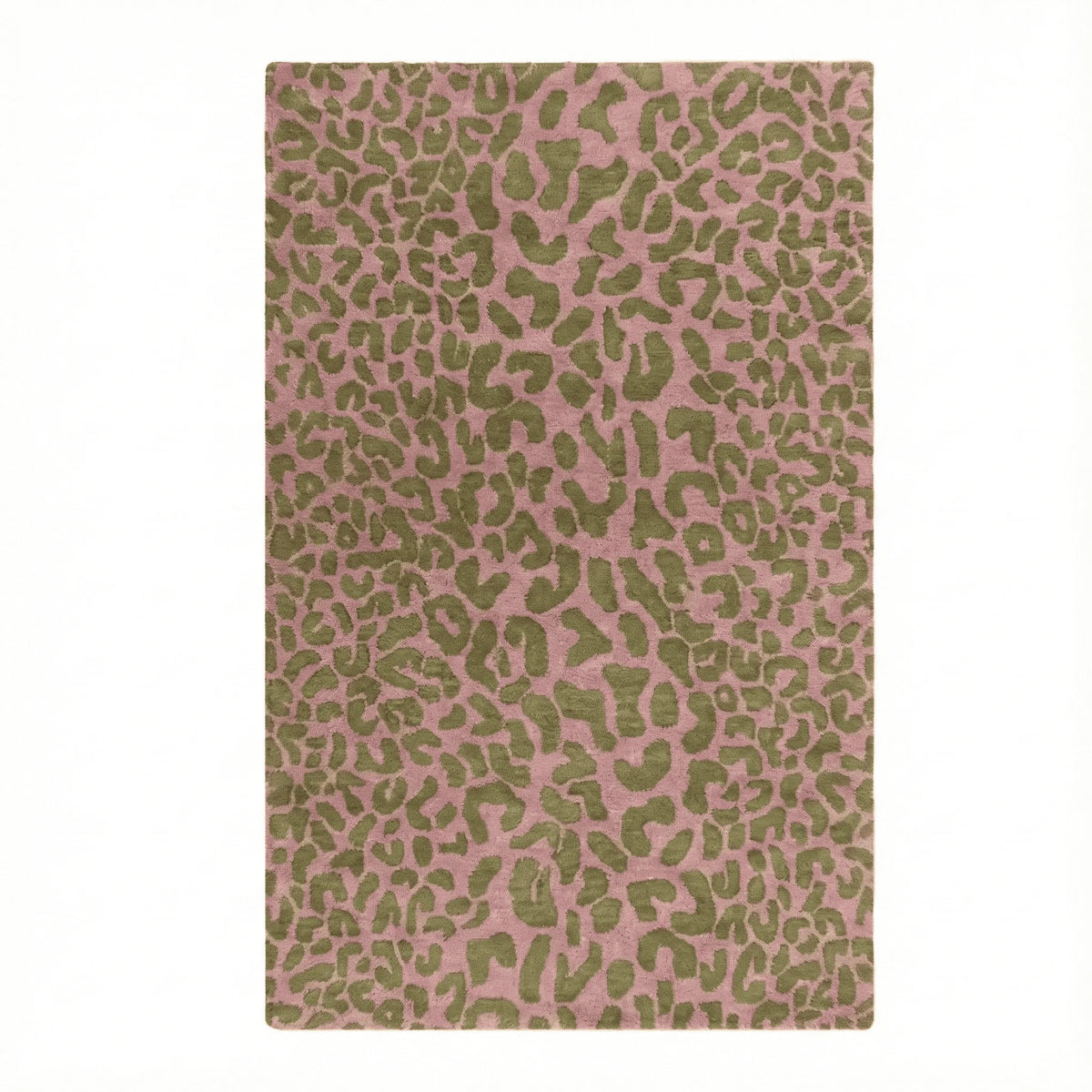 Pink rug with green leopard print pattern on a white background