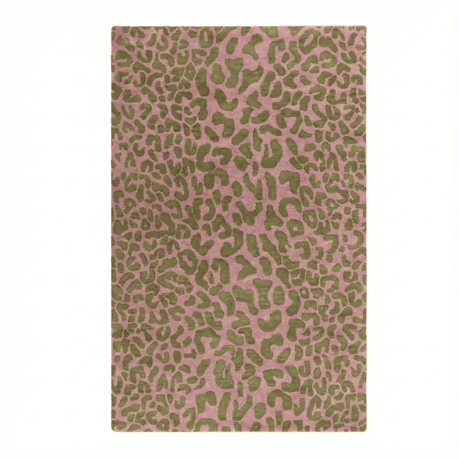 Pink rug with green leopard print pattern on a white background