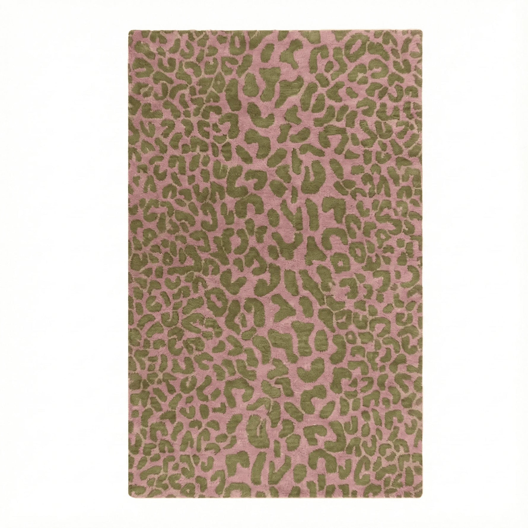 Pink rug with green leopard print pattern on a white background