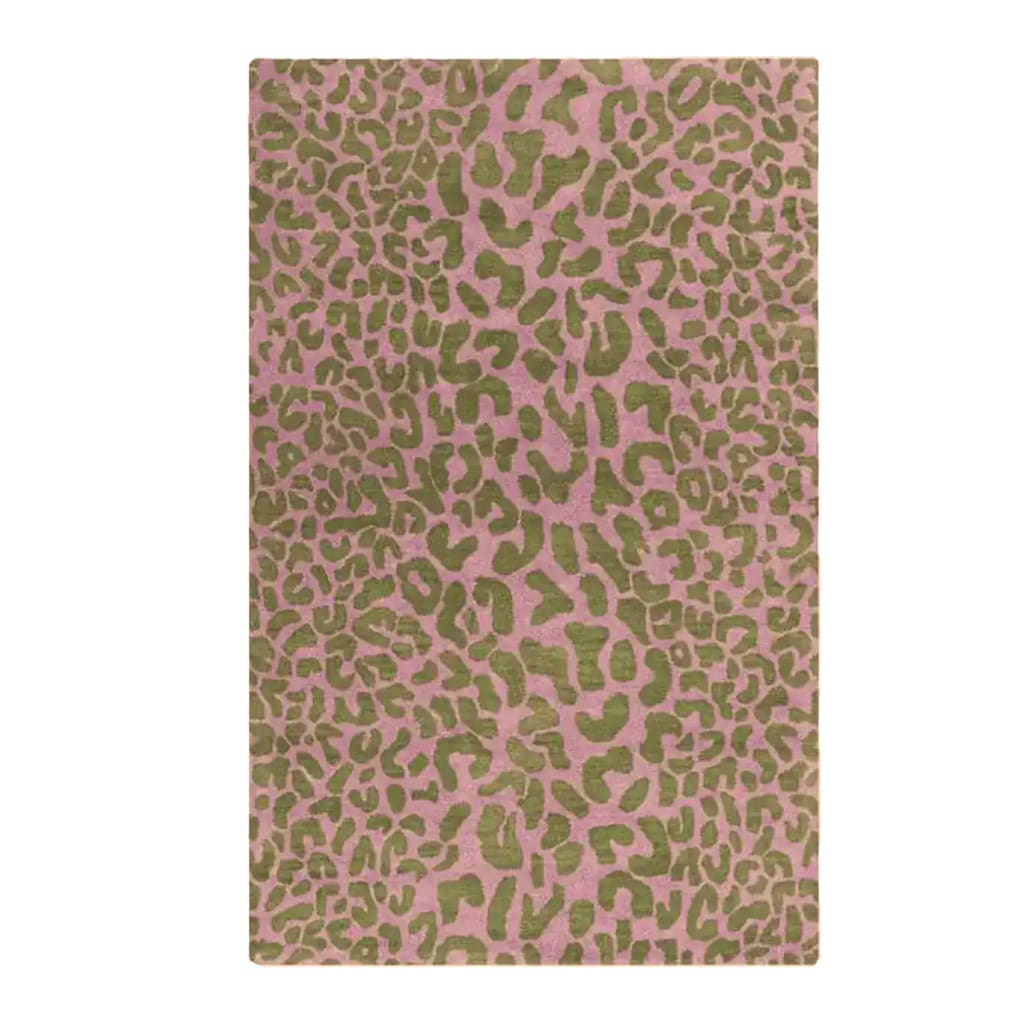 Top view of a Pink and Gold Leopard Print Hand Tufted Wool Rug, ideal for enhancing the aesthetic of a dining room or large living room. This contemporary wool rug features a stylish leopard pattern, perfect for adding a touch of elegance to any living space.