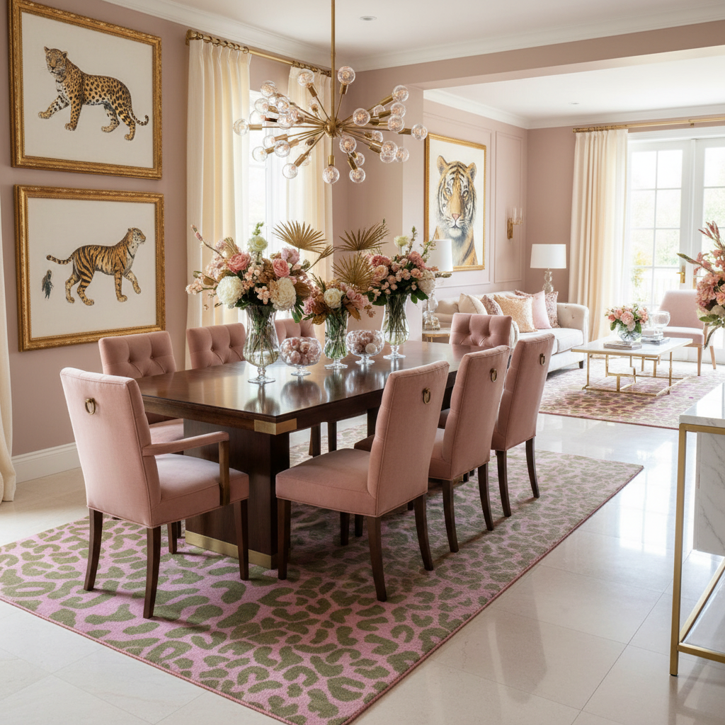 Pink and Gold Leopard Print Hand Tufted Wool Rug