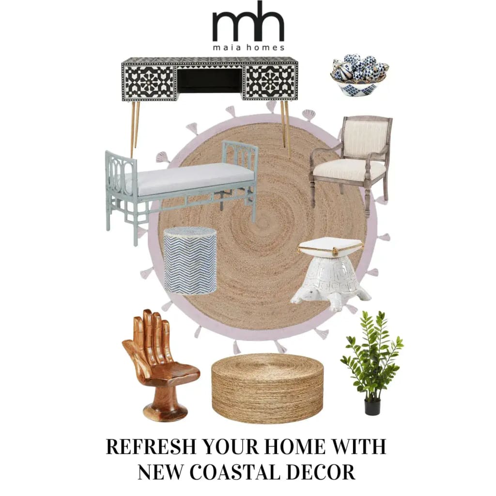 Stylish Pink and Natural Round Jute Rug with Tassels featured in a coastal-themed dining room setup. This large area rug is perfect for under a dining table, adding a touch of warmth and elegance to your dining room. Surrounded by chic furniture, this round rug enhances the coastal decor.