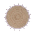 A beautifully crafted pink and natural round jute area rug with tassels, perfect for adding a touch of elegance to your dining room. This large area rug features a charming round design, ideal for use as a dining table rug or dining room carpet, enhancing the overall aesthetic with its natural fibers and decorative tassels.
