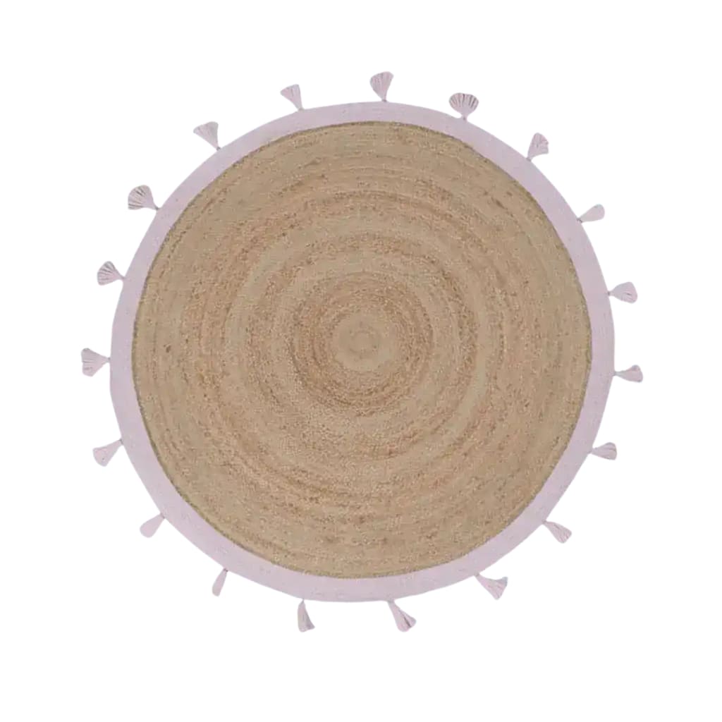 A beautifully crafted pink and natural round jute area rug with tassels, perfect for adding a touch of elegance to your dining room. This large area rug features a charming round design, ideal for use as a dining table rug or dining room carpet, enhancing the overall aesthetic with its natural fibers and decorative tassels.