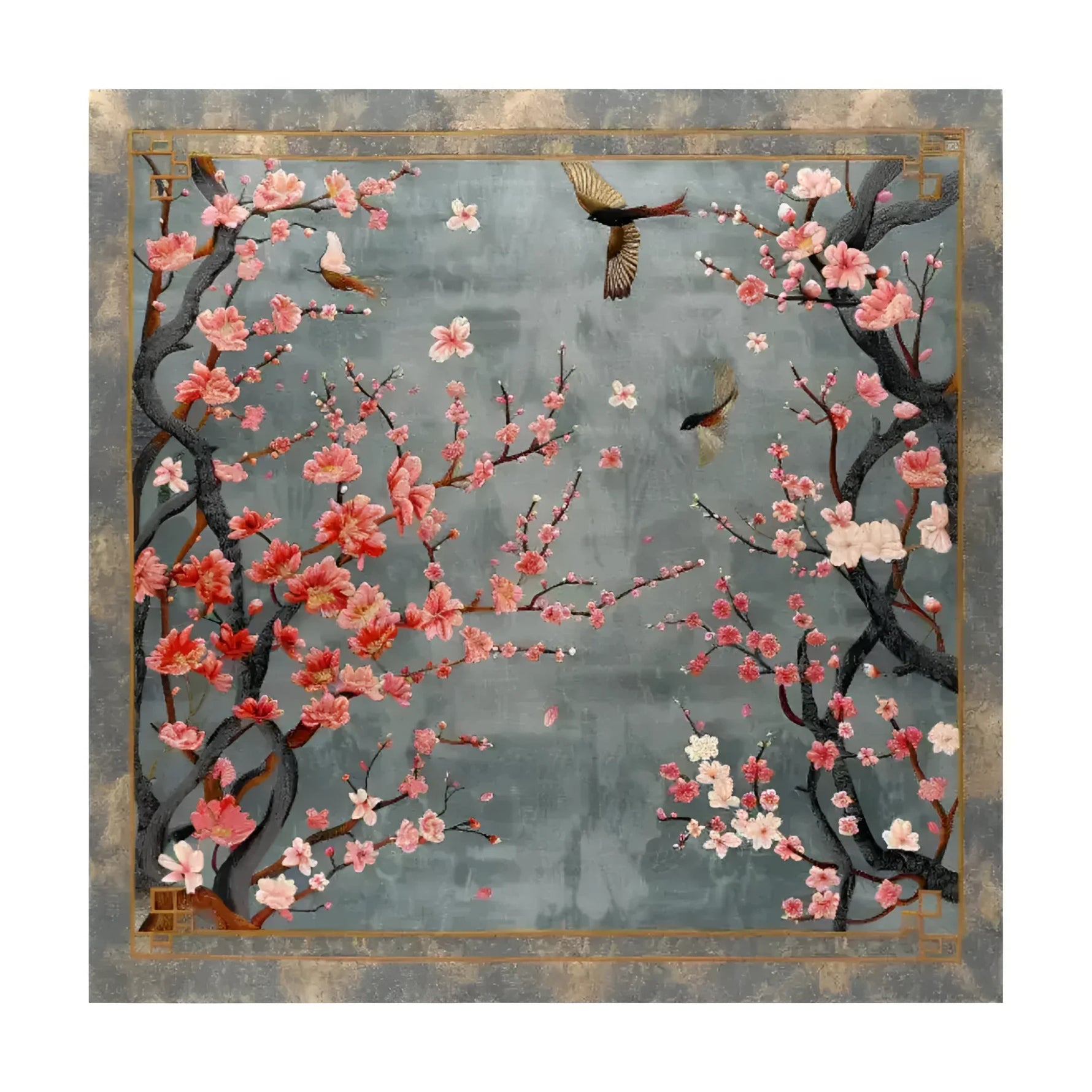 Pink cherry blossoms and birds on slate-gray field with gold border, bird and blossom tapestry rug