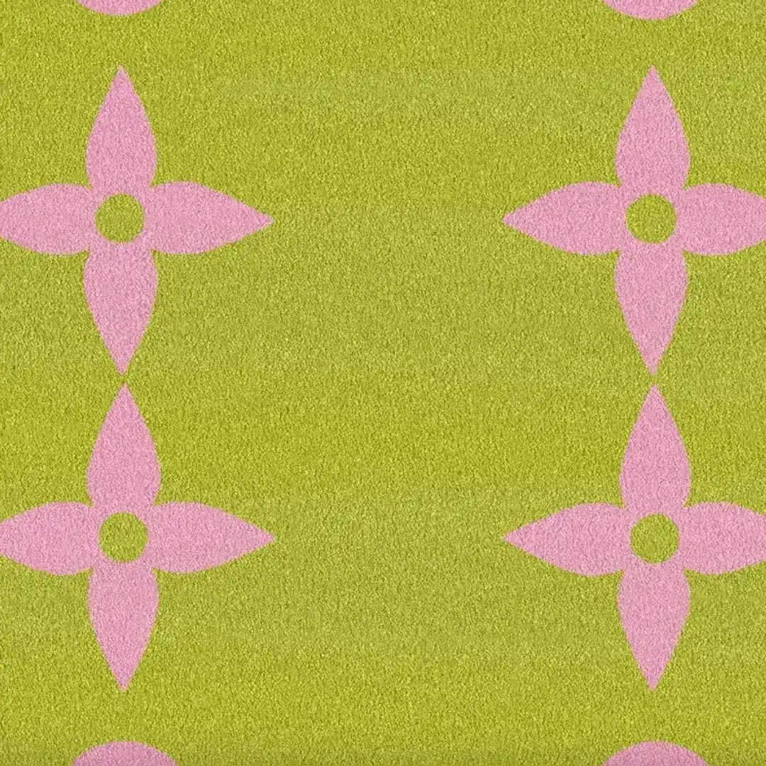 Area rug featuring a vibrant cyber lime color with pink clover patterns, ideal large area rug for living room, made of wool for comfort and style.