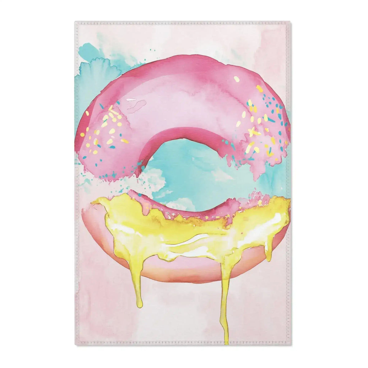 Pink Donut Drip Accent Rug showing hemmed border with pink glaze yellow dripping icing and colorful sprinkles watercolor