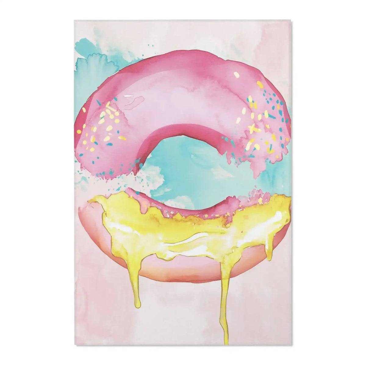 Pink Donut Drip Accent Rug flat lay watercolor donut pink glaze yellow dripping icing sprinkles teal background