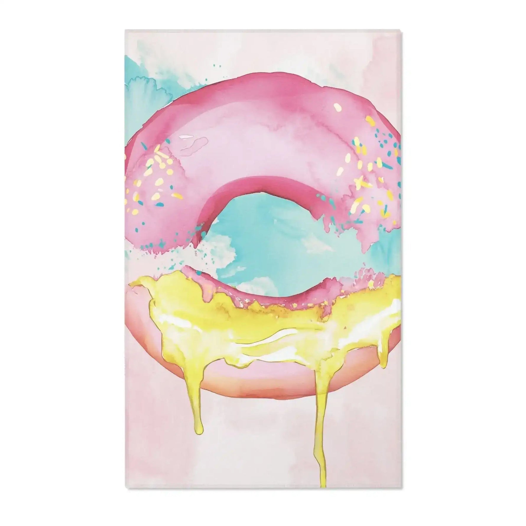 Pink Donut Drip Accent Rug with pink glaze yellow dripping icing and colorful sprinkles watercolor art on white