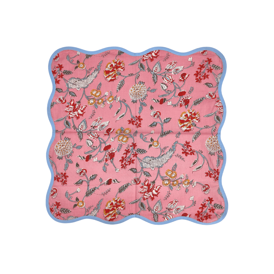 Pink Floral Block Printed Scalloped Cotton Napkins