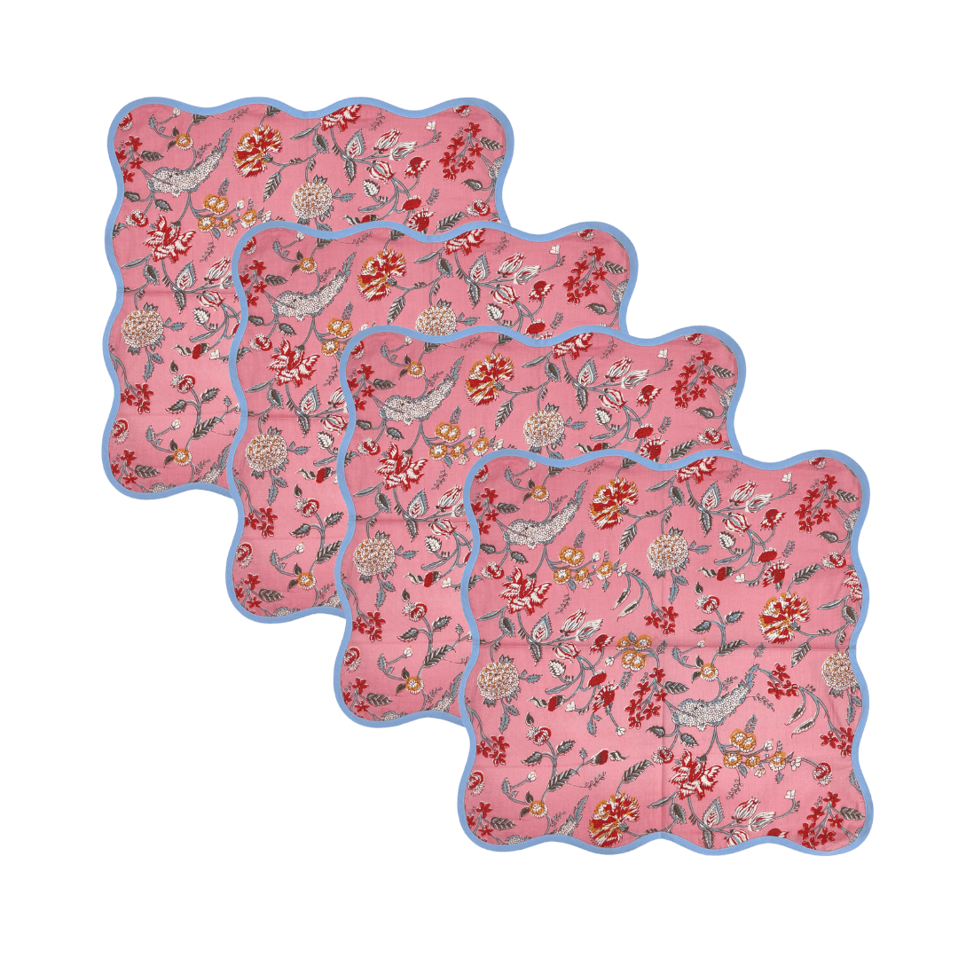 Pink Floral Block Printed Scalloped Cotton Napkins