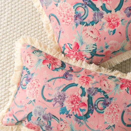 Pink Floral Snake Art Throw Pillow Cover with Fringes - MAIA HOMES