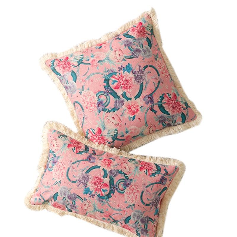 Pink Floral Snake Art Throw Pillow Cover with Fringes