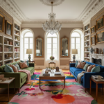 Pink floral Whispering Swan rug in an elegant library lounge with green and blue velvet sofas