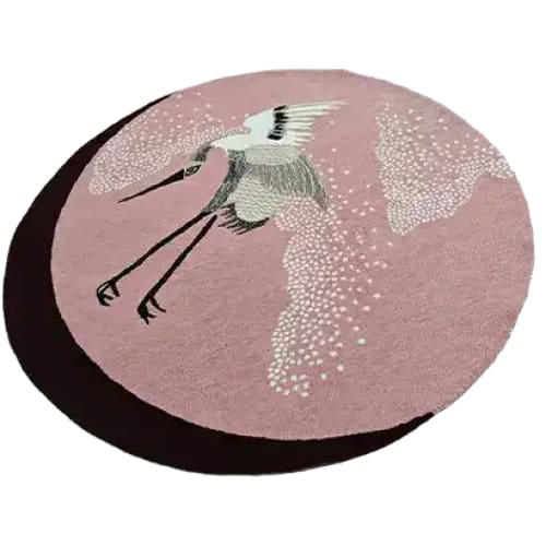 This elegant round area rug features a stunning design of pink flying Japanese cranes, perfect for adding a touch of artistry to any bedroom. Hand-tufted from high-quality wool, this large area rug offers a soft and luxurious feel, making it an ideal choice for both bedrooms and living rooms.