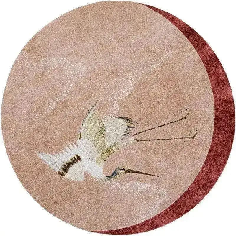 This beautiful round area rug features a charming design of pink flying Japanese cranes, hand-tufted for a cozy and luxurious feel. Perfect for adding a touch of elegance to any bedroom or living room space, this wool rug is an ideal choice for those looking for large area rugs to enhance their home decor.