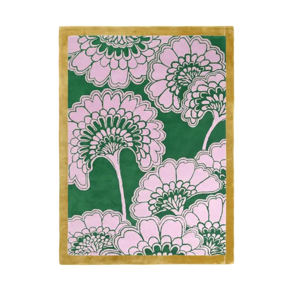 A stunning hand-tufted wool area rug featuring an elegant design of pink gingko leaves against a rich green background. Perfect for a large living room, this 8x10 rug adds a touch of sophistication and warmth.