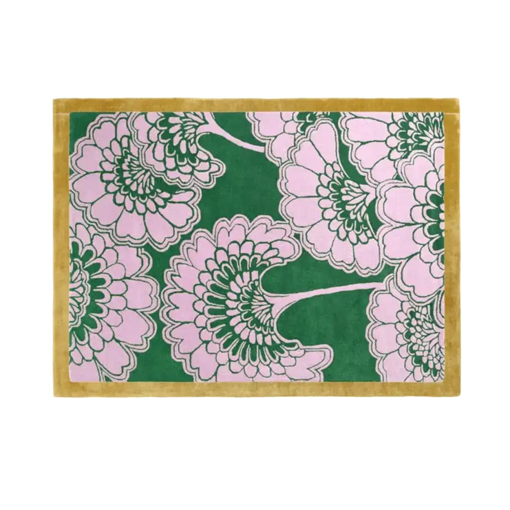 Top view of the Pink Gingko Leaves Hand Tufted Wool Rug, an elegant area rug perfect for large living room spaces. This living room rug, measuring 8x10, features a vibrant green background with intricate pink gingko leaf patterns, showcasing the luxury of wool craftsmanship.