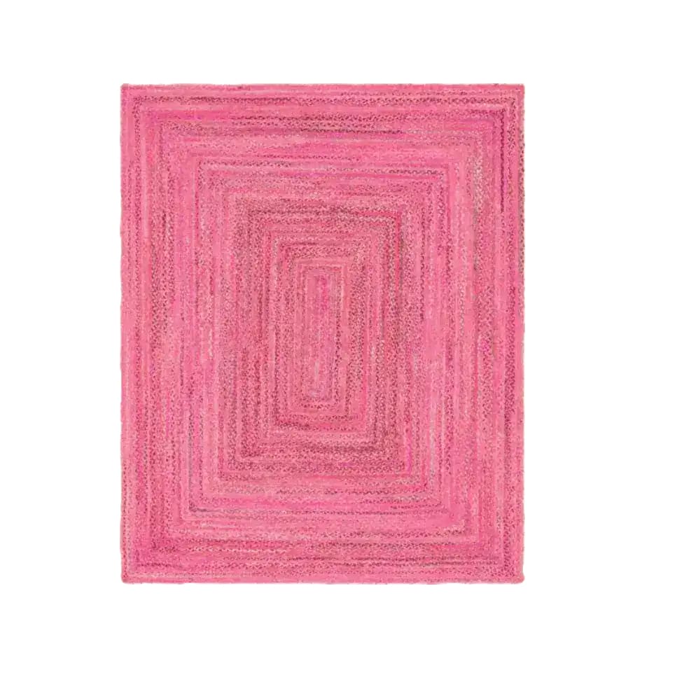 Top view of a vibrant pink hand-braided jute rug, perfectly suited for large living rooms. This 8x10 area rug features a beautiful geometric pattern, making it an ideal choice for adding a splash of color to any living space.