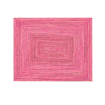 A vibrant pink hand-braided jute area rug, perfect for adding a pop of color to your living room. This large 8x10 rug is ideal for those seeking stylish and eco-friendly living room rugs.