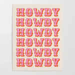 A vibrant Pink Howdy Wall Art Poster featuring a repeated 'Howdy' text in bold, Western-style pink letters on a light background. This eye-catching piece adds a playful touch to any space, perfect for complementing living room area rugs or large living room rugs with a pop of color.